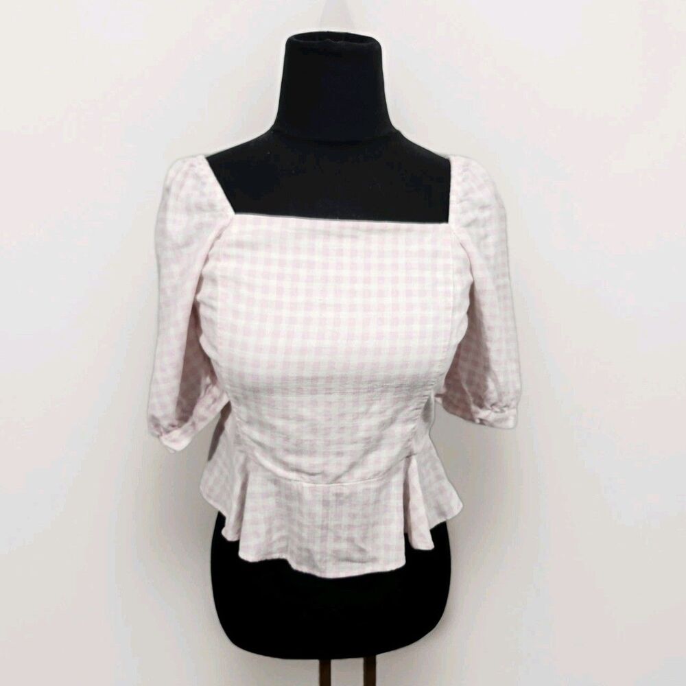 Draper James Top Womens Medium Pink White Gingham Y2K Baby Doll Peplum Milkmaid